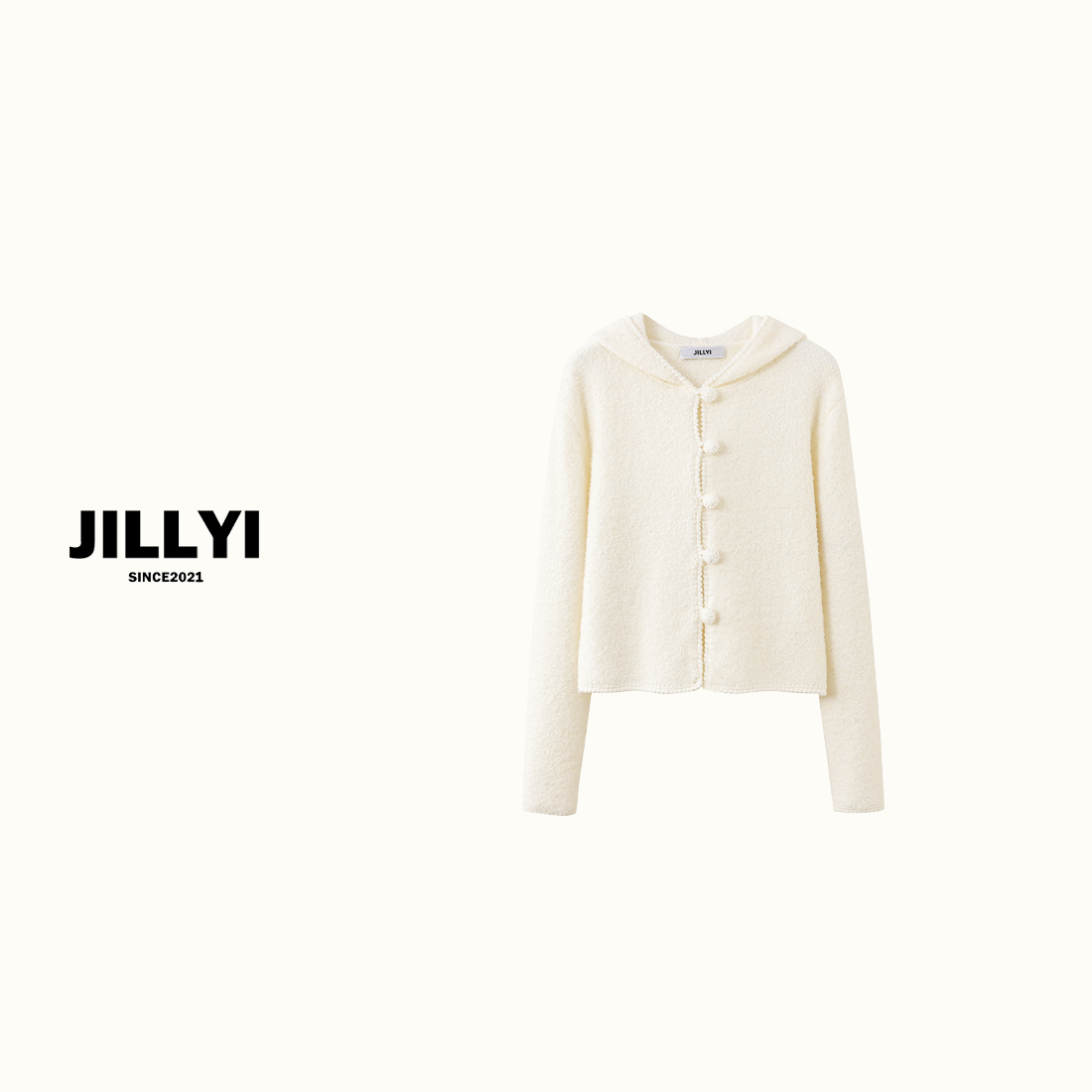 JILLYI珠海店【惬意奶白】米白色连帽毛球单排扣时尚百搭针织开衫
