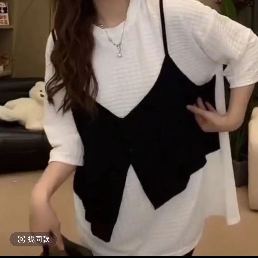 2025新款韩版设计感小众宽松休闲不规则假两件上衣女短袖T恤衫