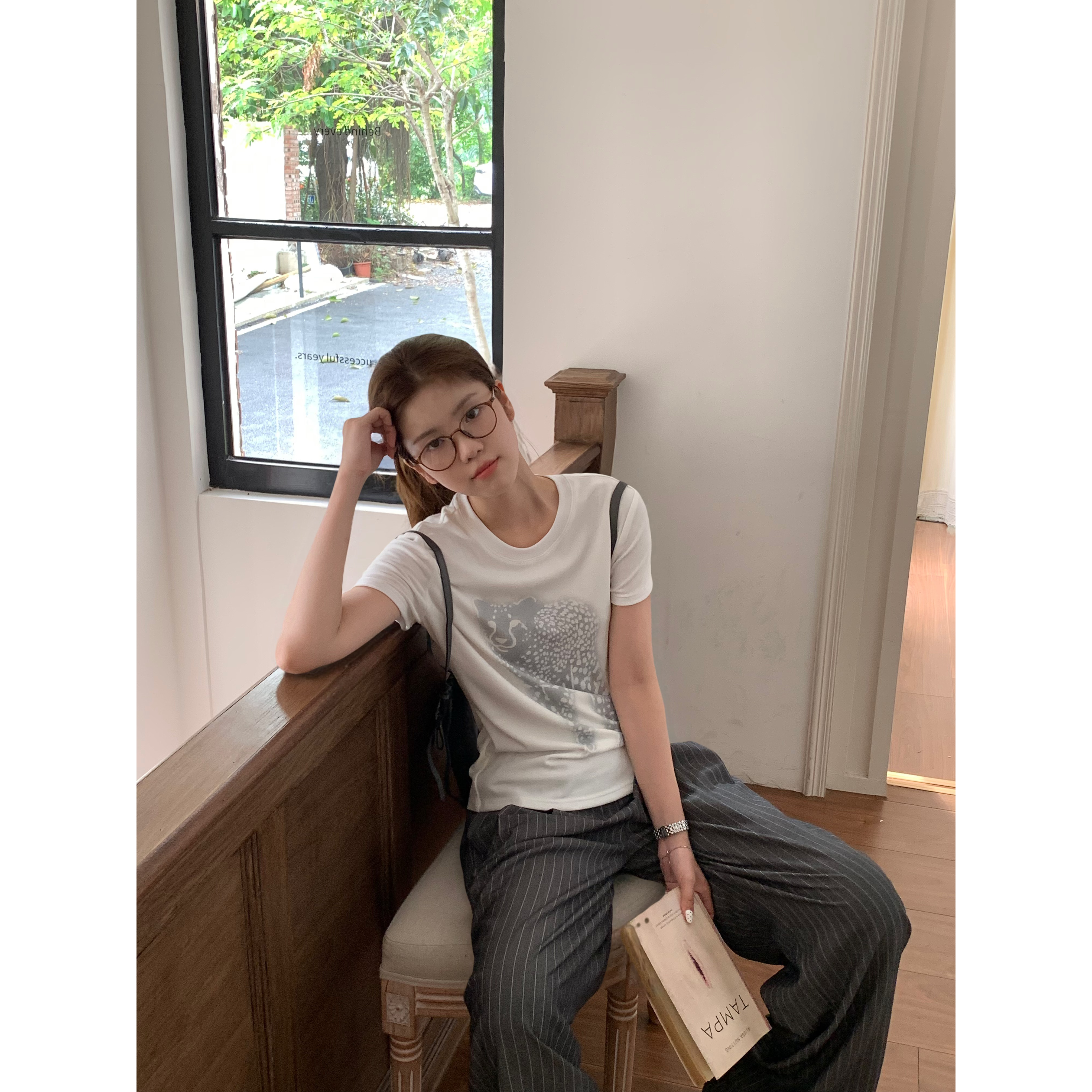 Tuuuh【金钱豹】美式小众金钱豹圆领印花宽松百搭上衣T恤T35778TU52