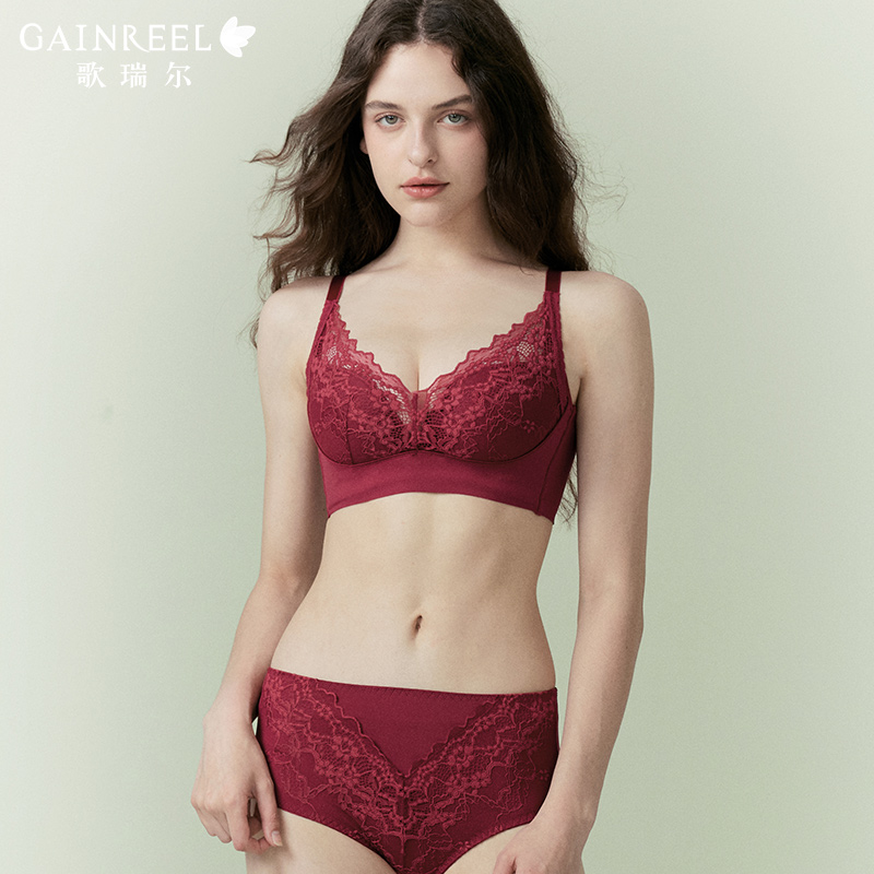 【喜庆红品】 歌瑞尔蕾丝提托杯收副乳调整型内衣无钢圈蕾丝文胸