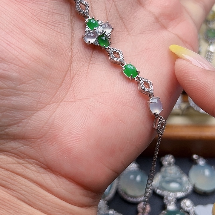 翡翠银S925镶嵌戒圈缅甸天然A货翡翠手链