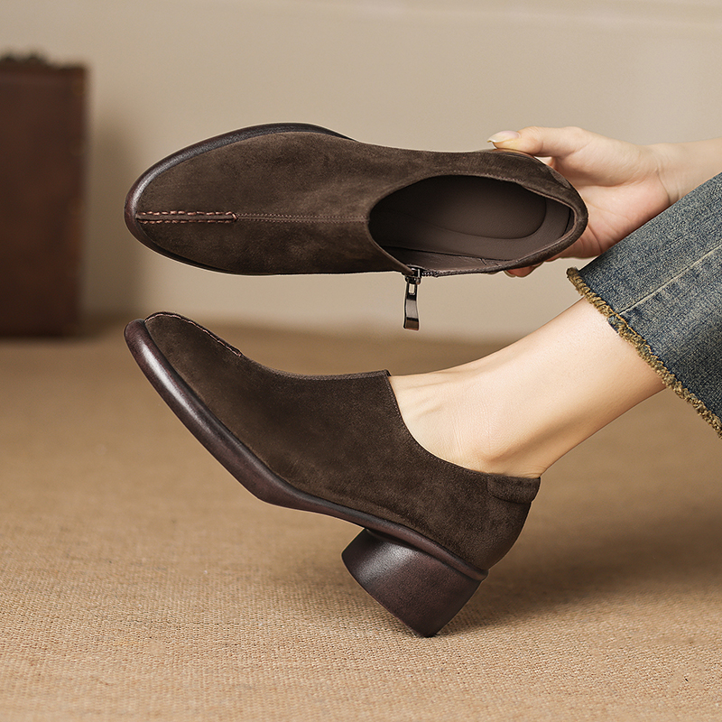 羊皮5cm跟温柔圆尖头侧拉链四季深口单鞋厚底防水台舒适增高显瘦