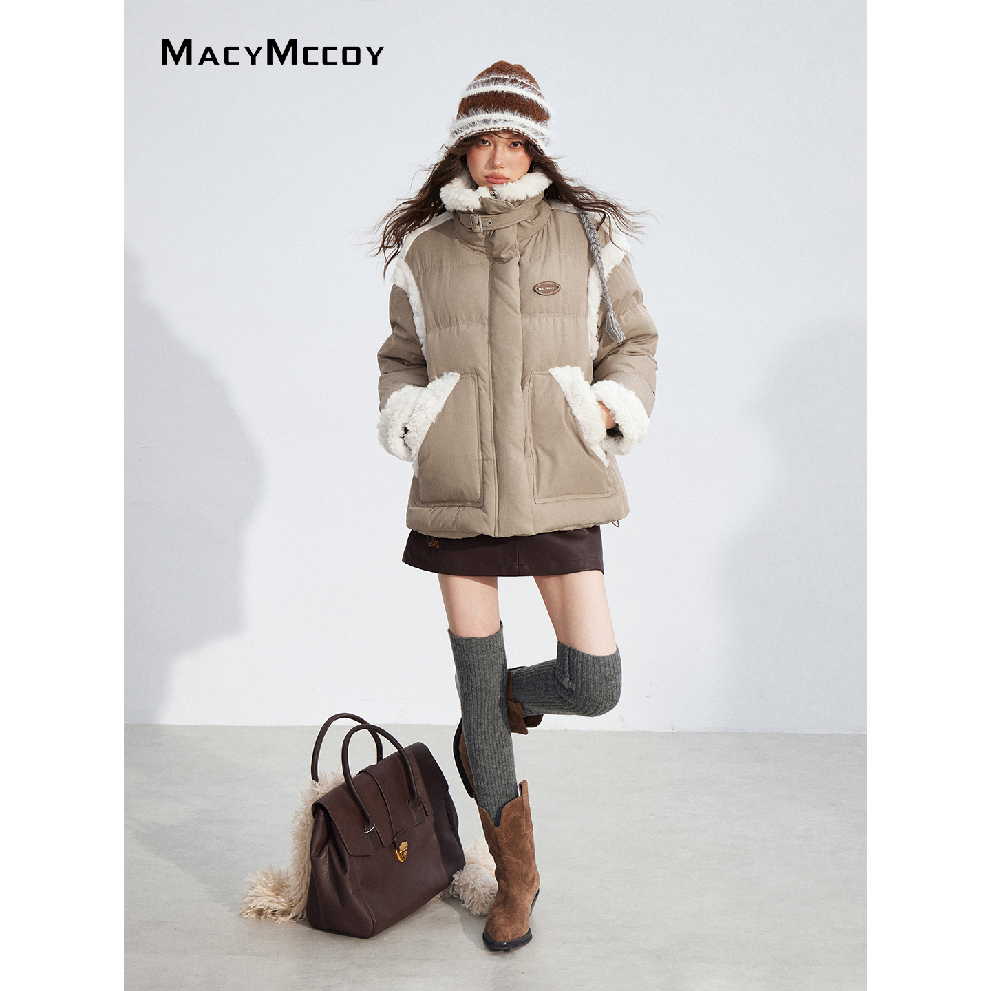 【毛毛专属】MacyMccoy羊羔毛拼接羽绒服女冬季氛围感90白鸭绒外套
