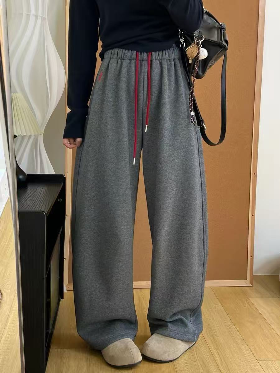 冬季加厚加绒阔腿裤休闲裤女复古高腰加绒阔腿裤长裤宽松潮流卫裤