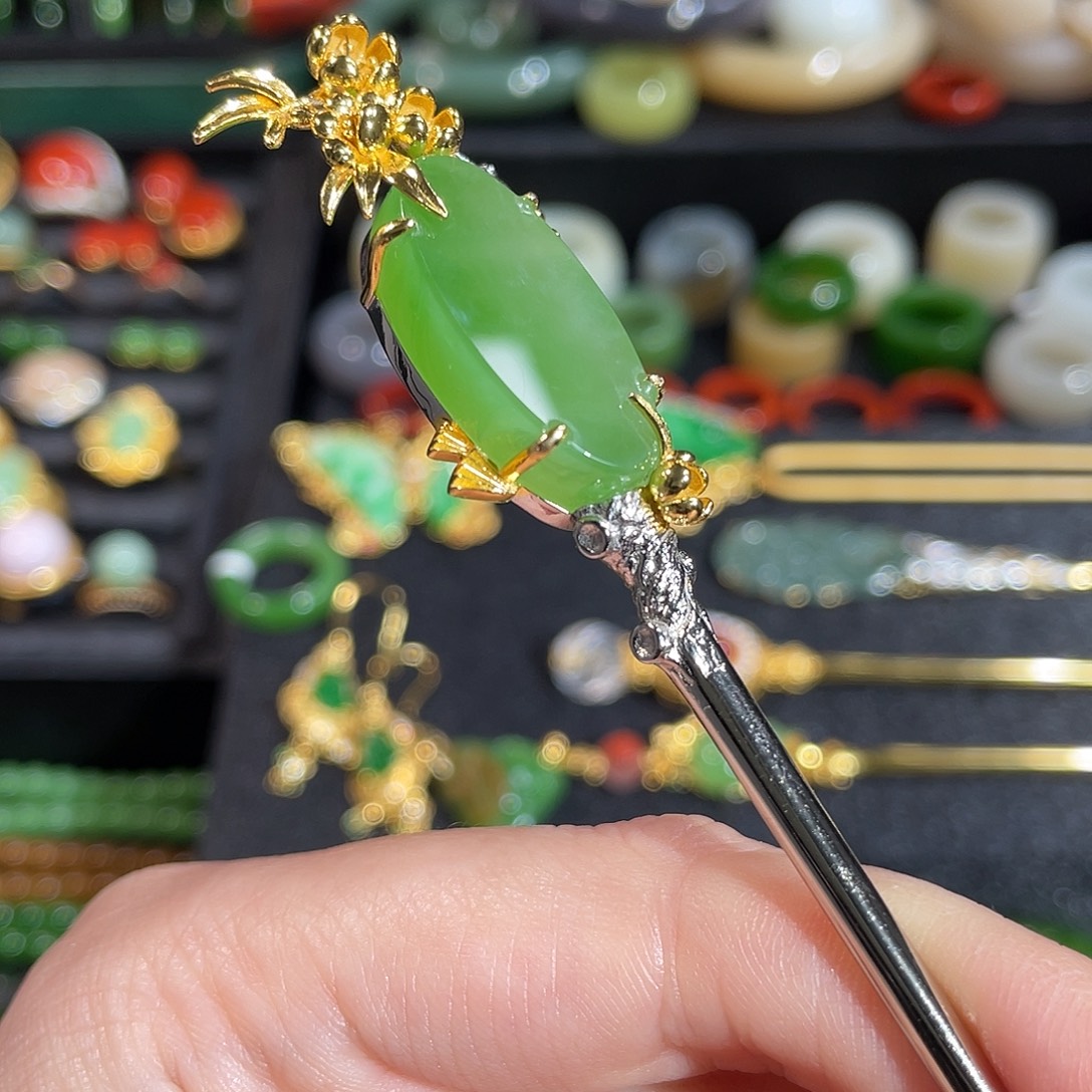 和田玉（碧玉）银S925镶嵌发饰碧玉果绿发簪