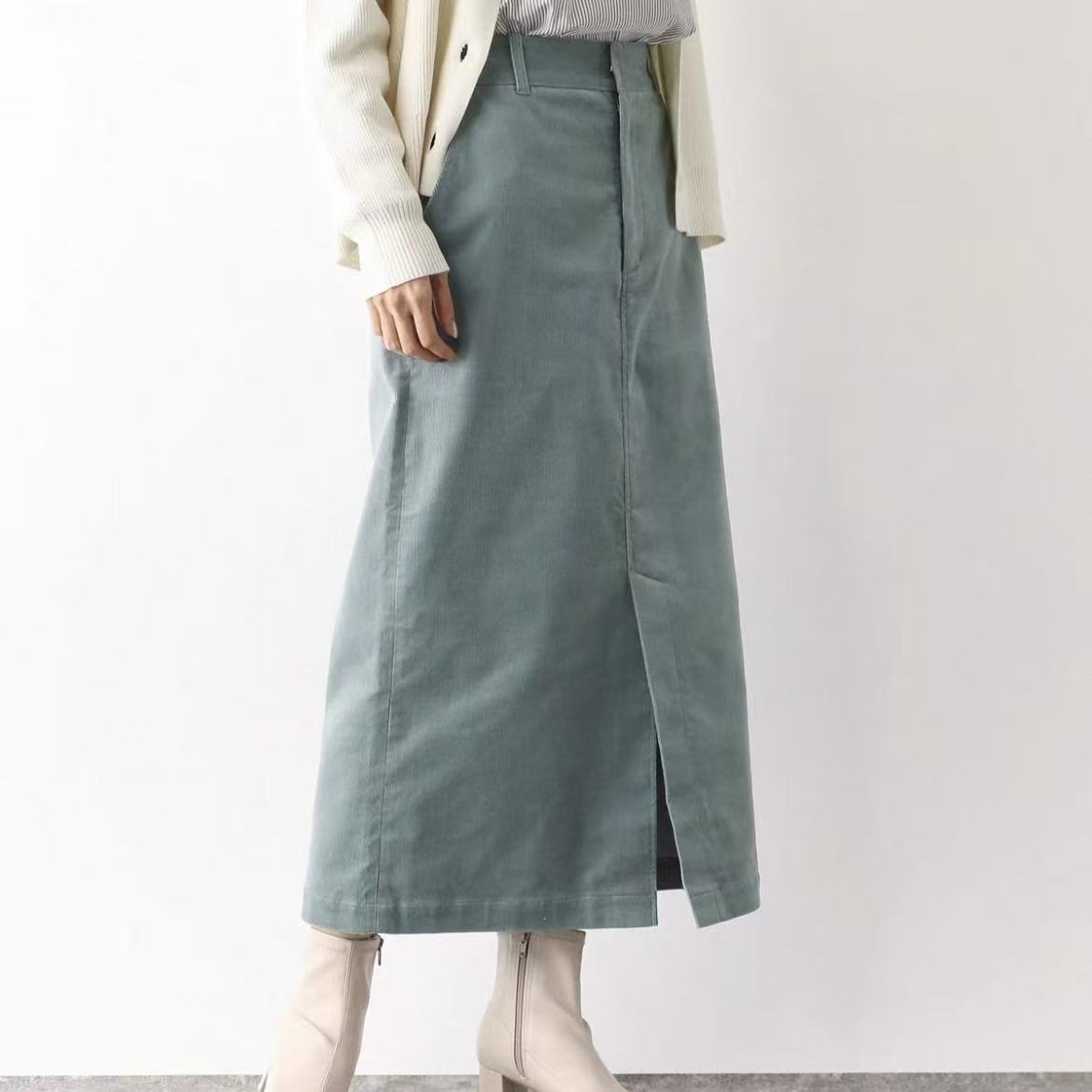 【外贸精品】3510 细坑条纯色前开叉松紧腰 半身裙