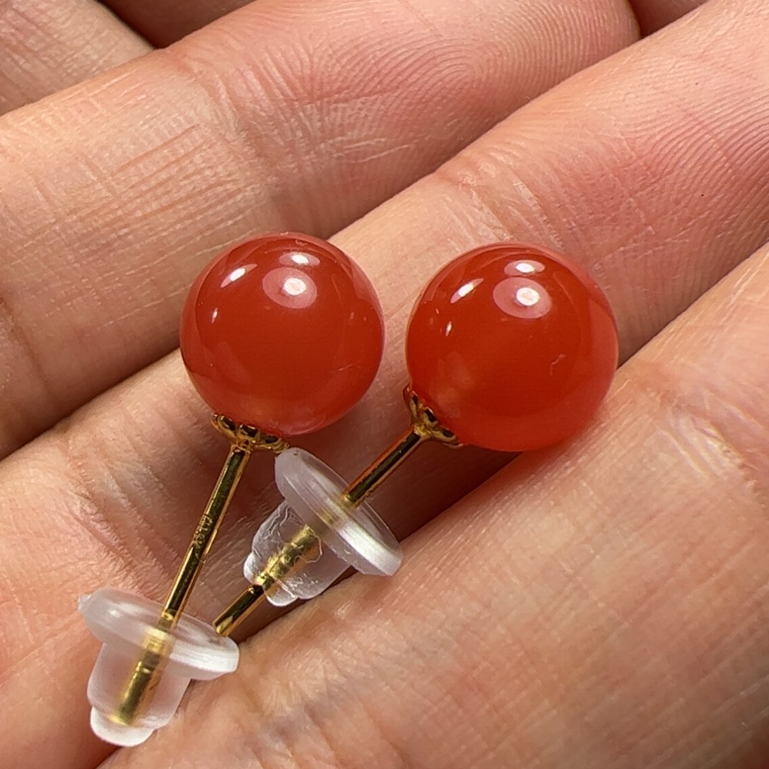 南红玛瑙耳钉18K金镶嵌