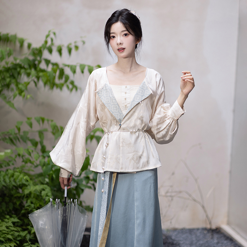 池夏【白露:晴蓝】唐制人丝提花圆领短衫交窬裙原创改良汉服女 秋