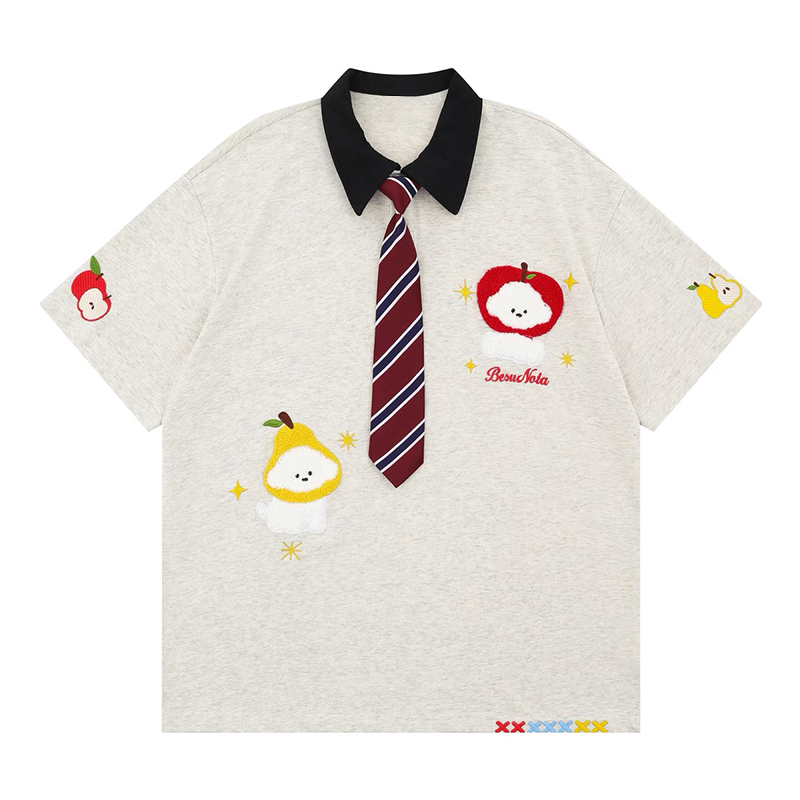 学院风趣味卡通水果小狗刺绣Polo领短袖T恤女夏季情侣宽松ins上衣