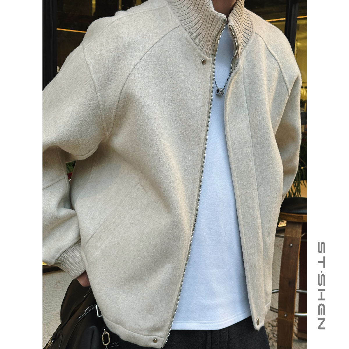 【ST Shen】绵羊毛骆驼绒针织立领毛呢外套冬针织领双面呢上衣75636