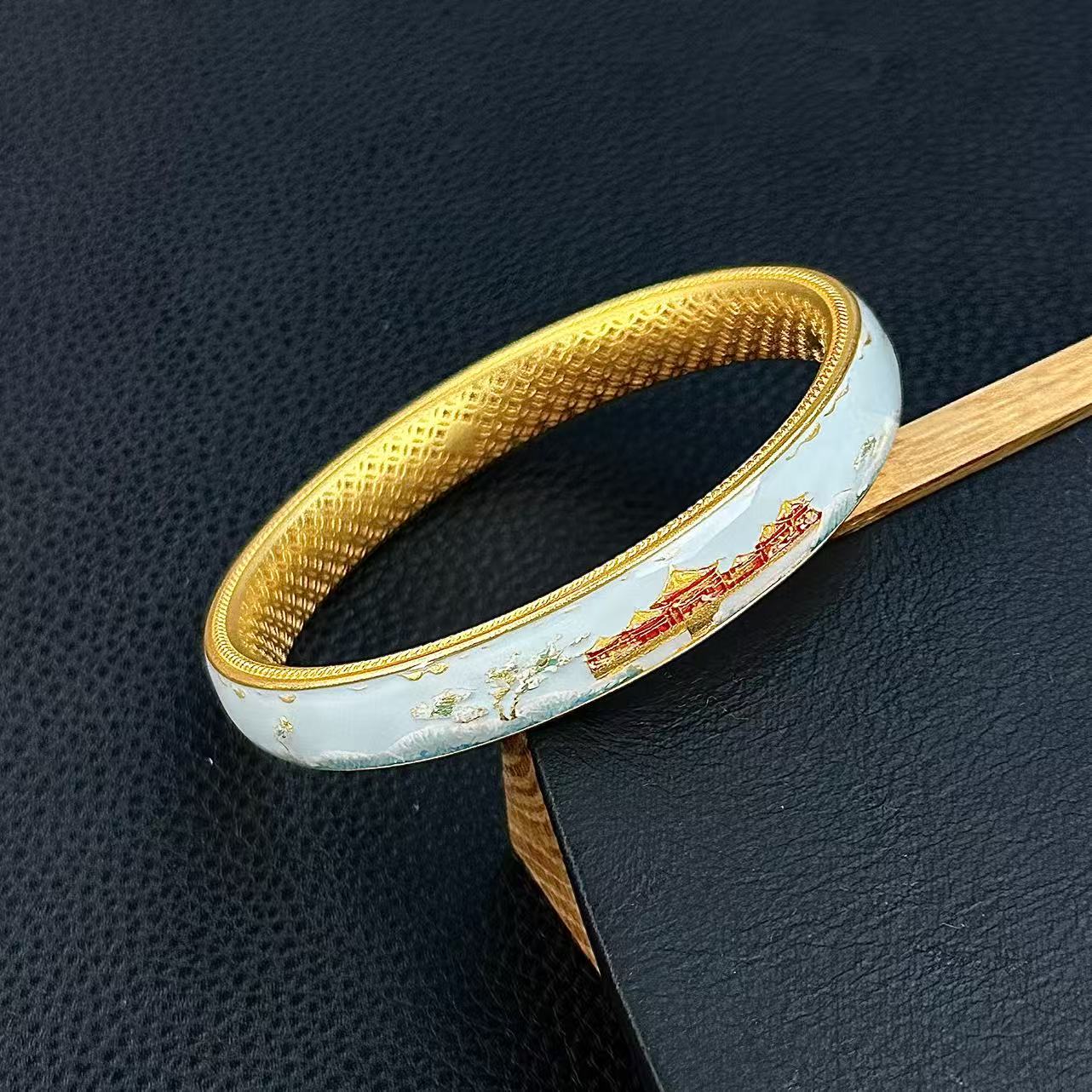 925银手镯 爱偲珠宝S925银 云松瑞景-珐琅彩手镯（窄版）时尚复古