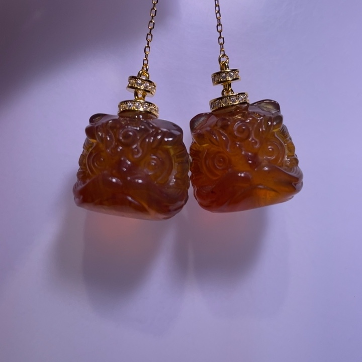 琥珀耳饰未镶嵌醒狮耳钉