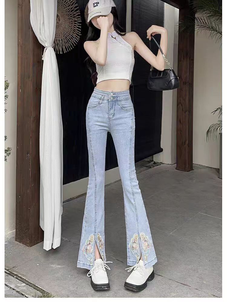 B7开叉微喇牛仔裤女春季设计感2024高腰显瘦弹力新中式刺绣