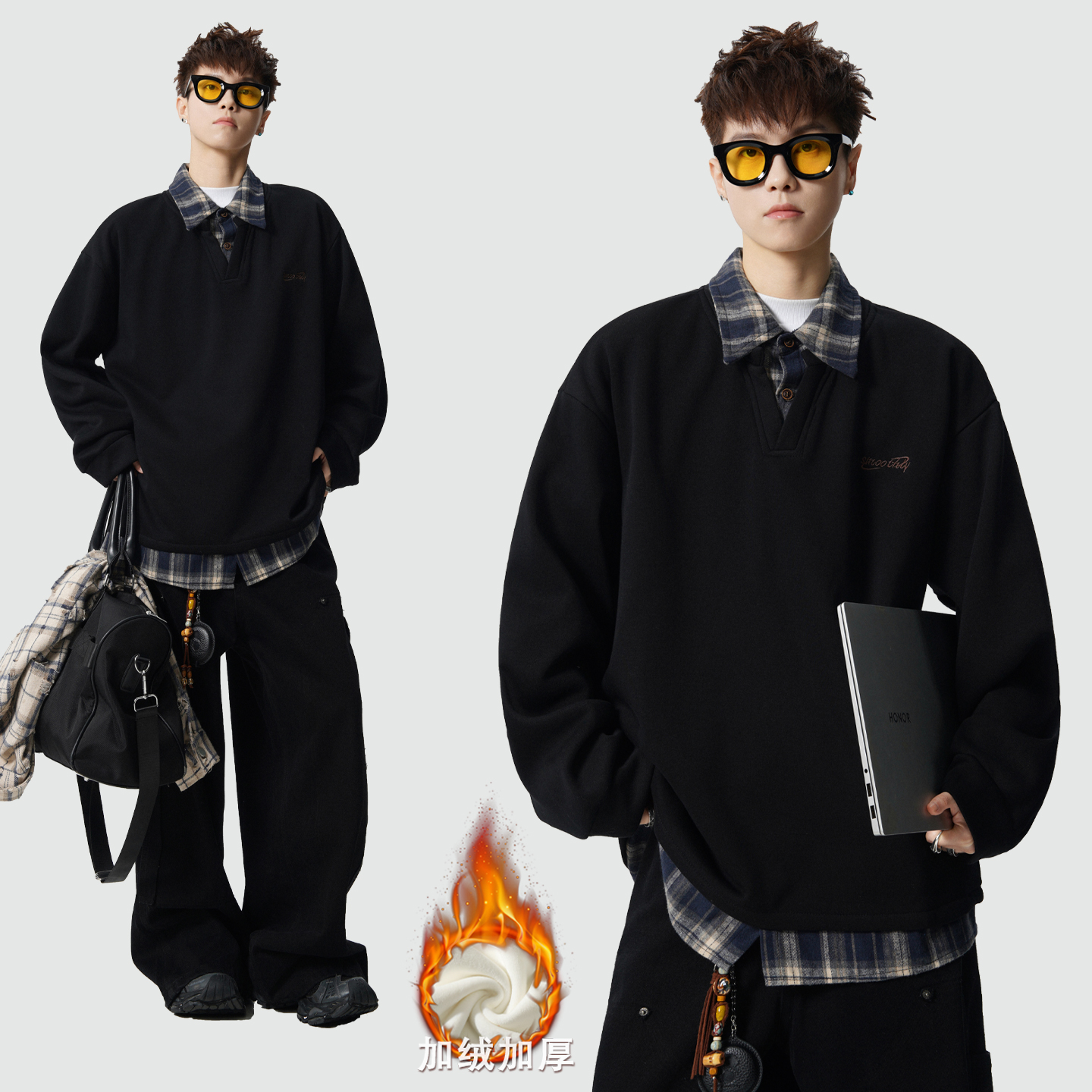 假两件格子衬衫领卫衣美式潮牌撞色拼接宽松外套