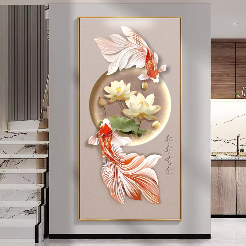 荷花锦鲤入户正对门玄关装饰画LED灯高端走廊过道挂画奶油风壁画