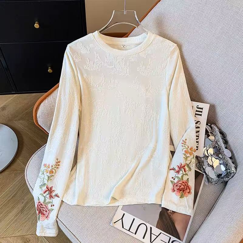 红霞迎日】牡丹国风织锦棉圆领刺绣时尚气质百搭长袖打底衫563