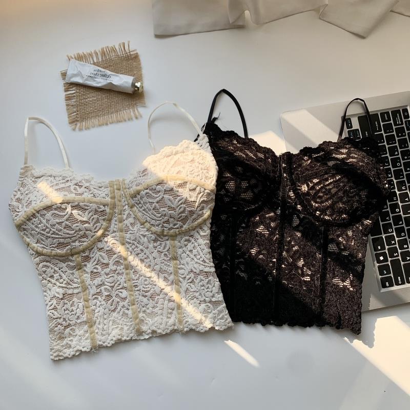 欲辣妹性感蕾丝吊带背心女春季新款外穿带胸垫修身内搭打底上衣