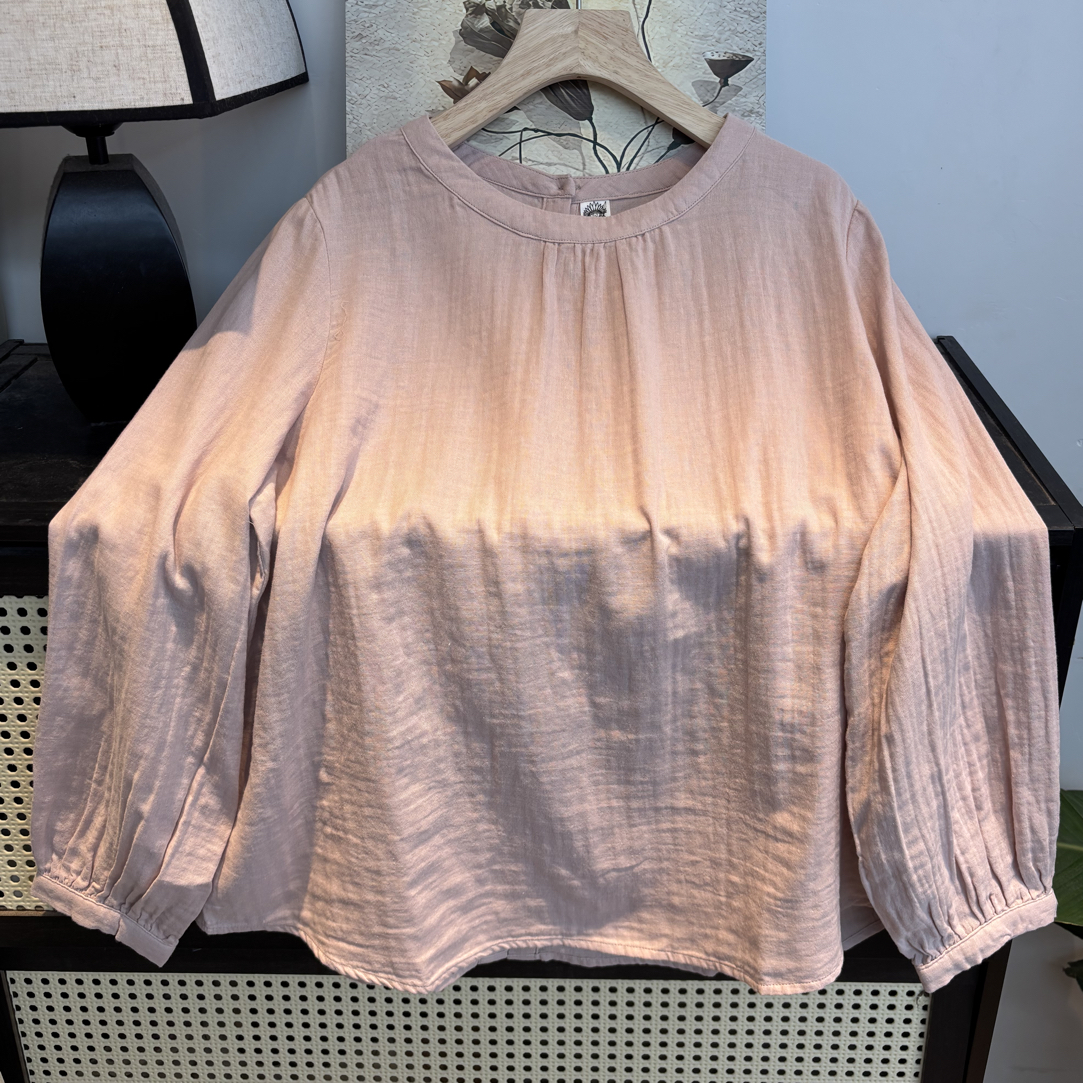 日系文艺范简约圆领长袖双层棉纱套头衬衫女T恤