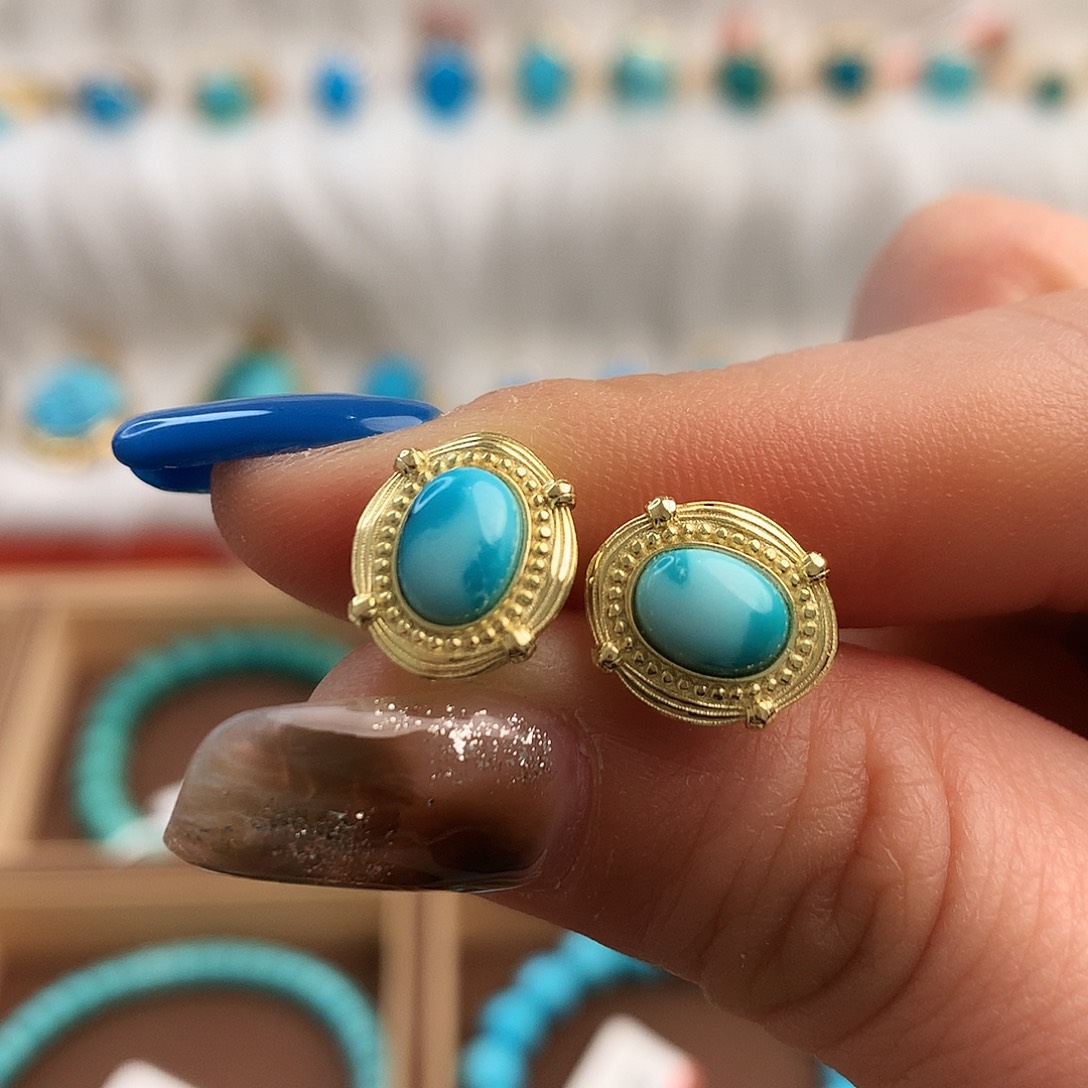 绿松石精品中古耳钉银S925镀金镶嵌