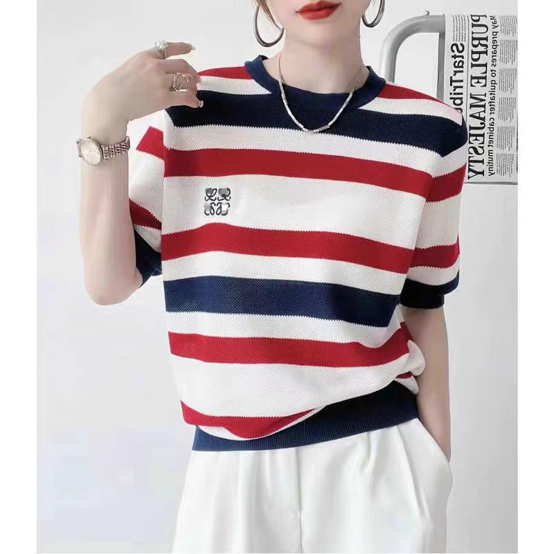 【红蓝条纹】夏季圆领简约百搭条纹针织衫