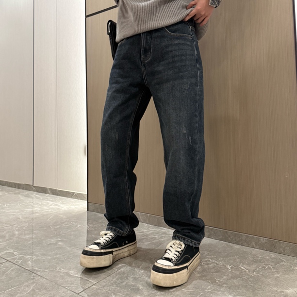 9526新款冬季美式复古潮流底抓绒小直筒牛仔裤微宽松锥形百搭裤