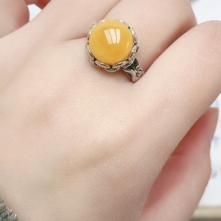 蜜蜡戒指银S925镶嵌天然