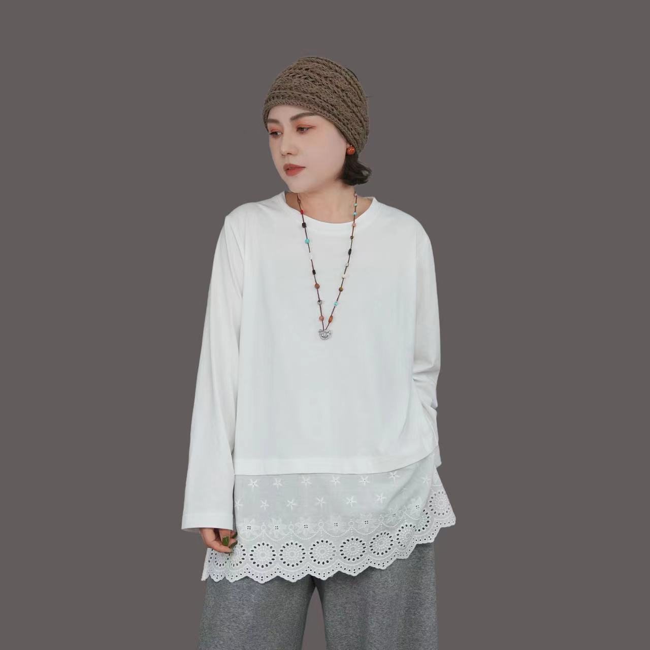 【1005】打底~秋冬叠穿圆领下摆拼接刺绣花边两边开叉百搭神器T恤