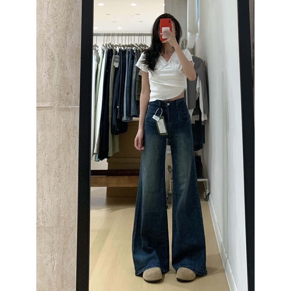 秋季新款美式复古水洗微喇牛仔裤女宽松直筒阔腿拖地垂感喇叭裤子