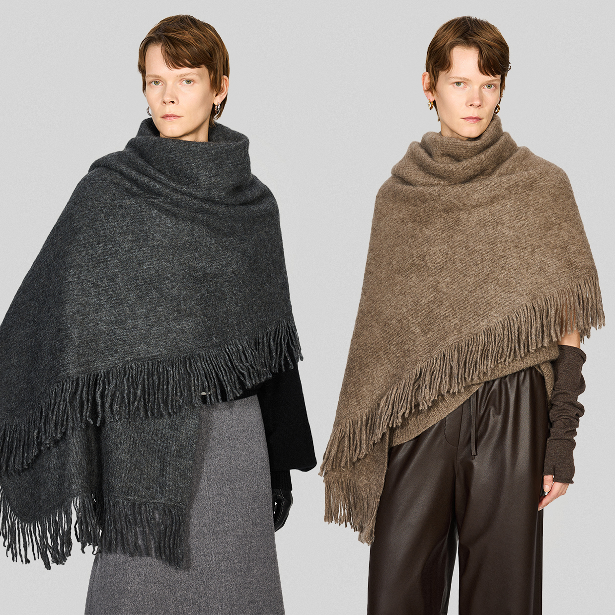 开间/云柔亲肤1OO牦牛绒拉绒多穿纽扣流苏慵懒针织流浪披肩