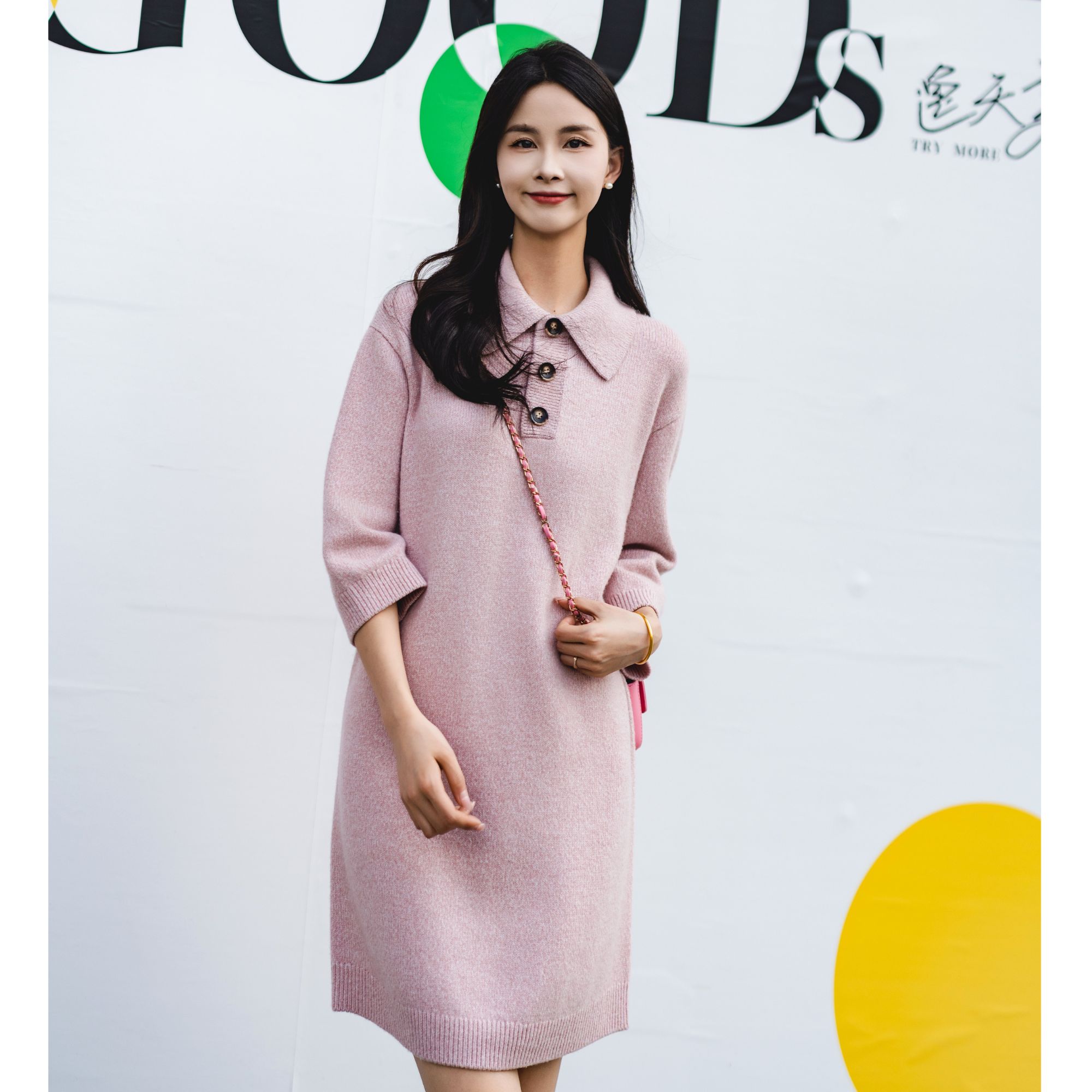 GIRDEAR/哥弟秋冬新款气质慵懒翻领纽扣中长袖宽松连衣裙 1599030