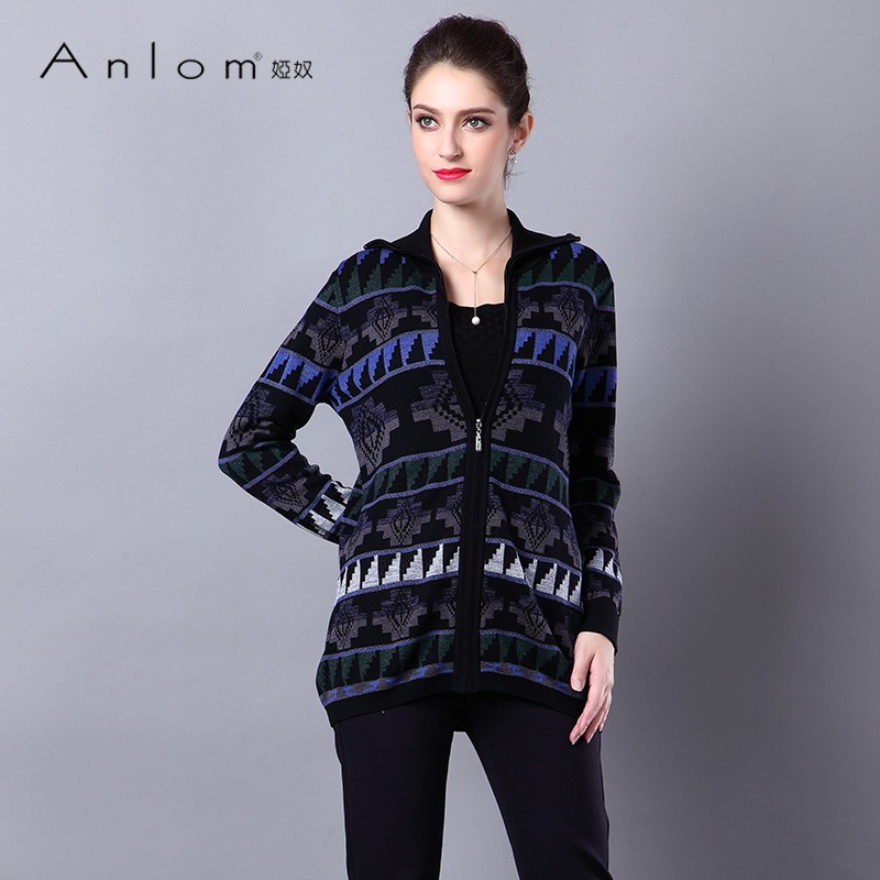 Anlom/娅奴秋装新款女上衣外套修身长袖拉链针织开衫女桑蚕丝