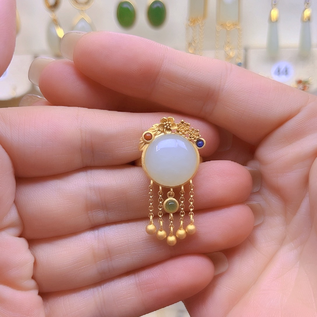 和田玉银S925镀金镶嵌戒指