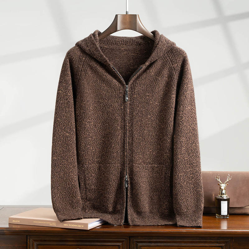 LP款璀璨星河100%纯山羊绒衫男连帽加厚针织开衫外套痞帅花纱毛衣