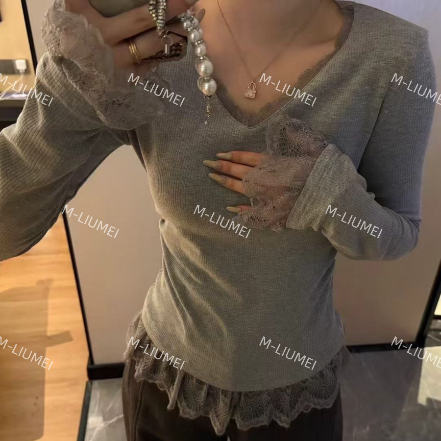 A20696刘梅家加绒蕾丝边长袖