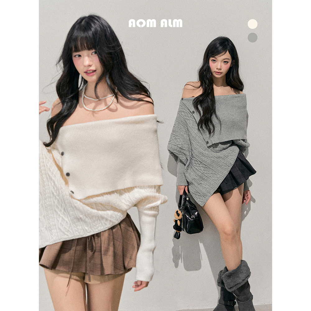 AOMALM少也眼"雪国的来信"一字肩不规则法式针织麻花毛衣女冬上衣