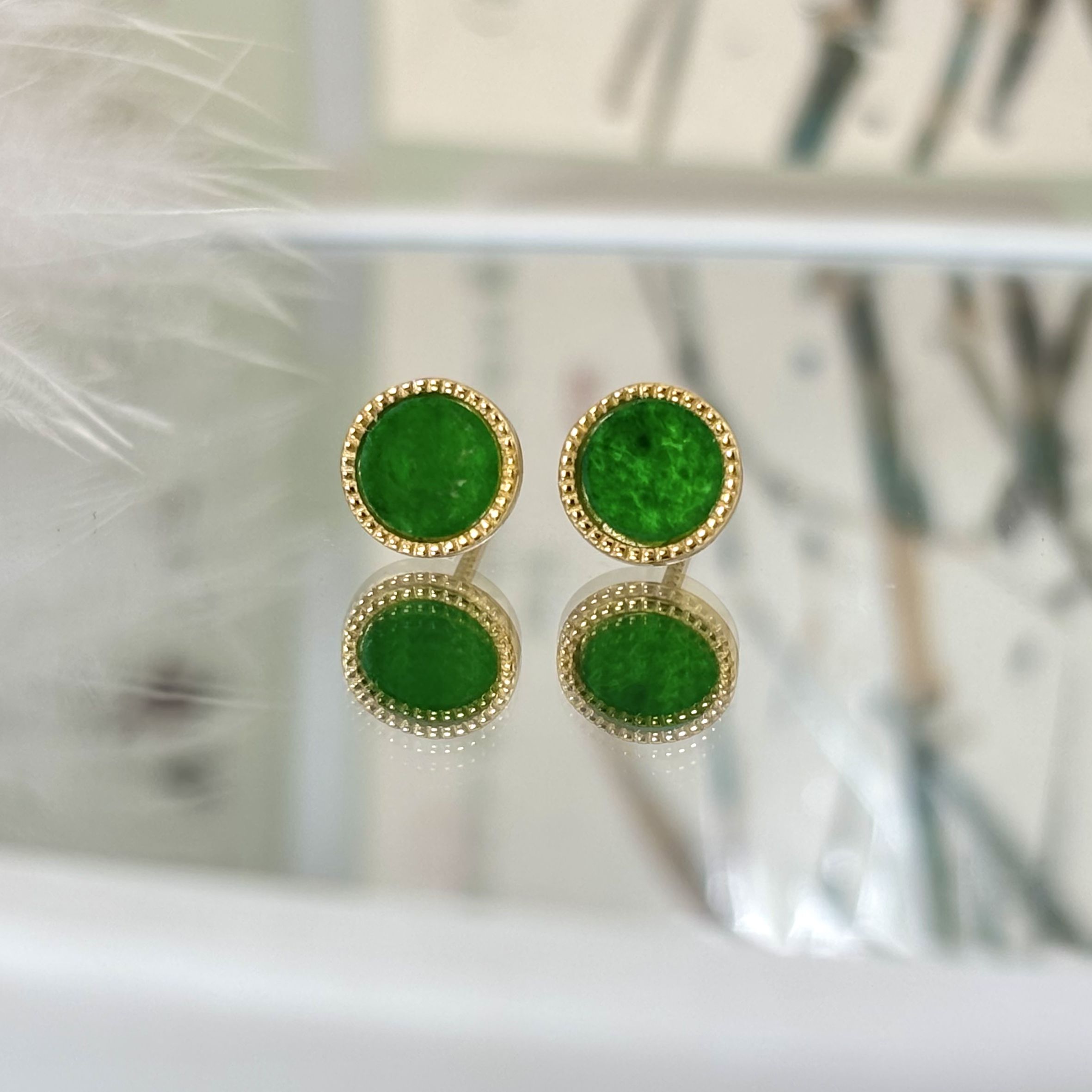 【绿福珠缘】天然缅甸A货翡翠S925银镶绿色耳钉（整6*6）复古精致时尚