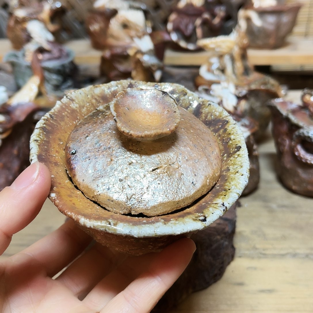 杯柴烧粗陶手捏盖碗