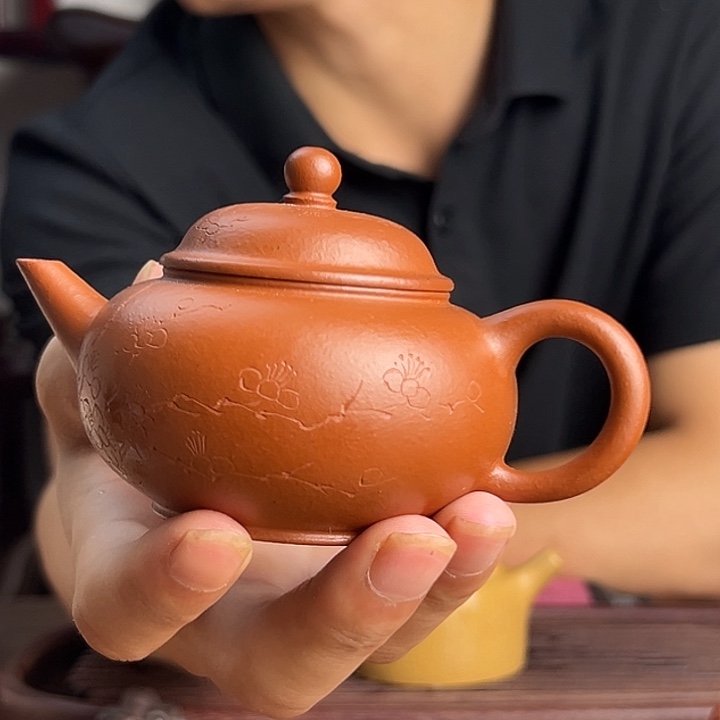 王***雪茶壶紫砂原矿生砂老朱泥刻绘水平紫砂壶