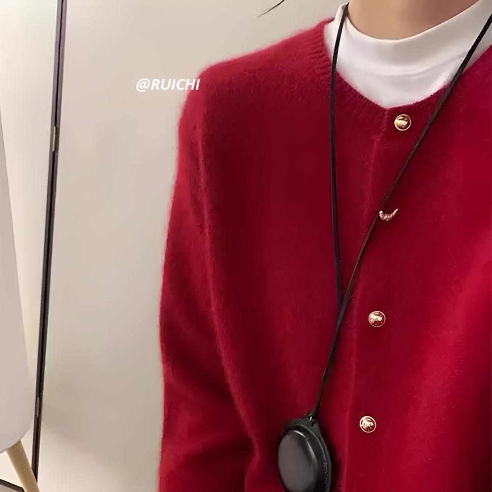 2026春季新款韩系休闲慵懒风圆领金属扣长袖显瘦针织开衫毛衣外套