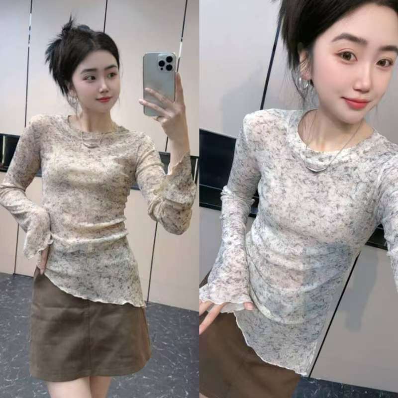 7942 G 纯欲风修身型不规则领口长袖T恤洋气显瘦女士 F29三楼