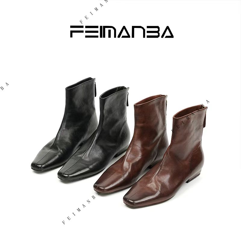 【FEIMANBA】重工水洗马皮方头短靴
