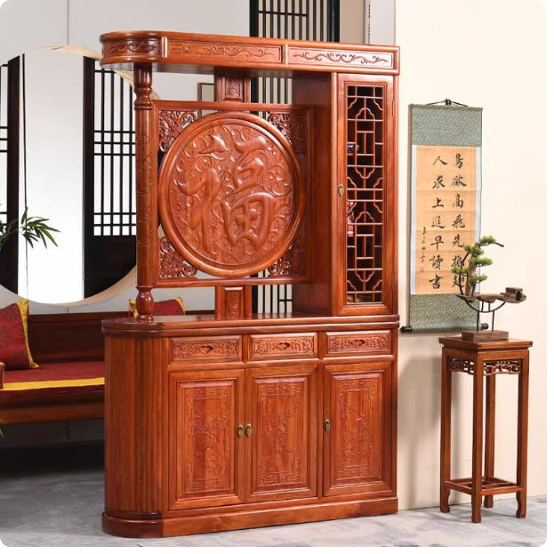 新中式榆木菠萝格玄关柜屏风隔断柜新古典置物原木柜门双面设计