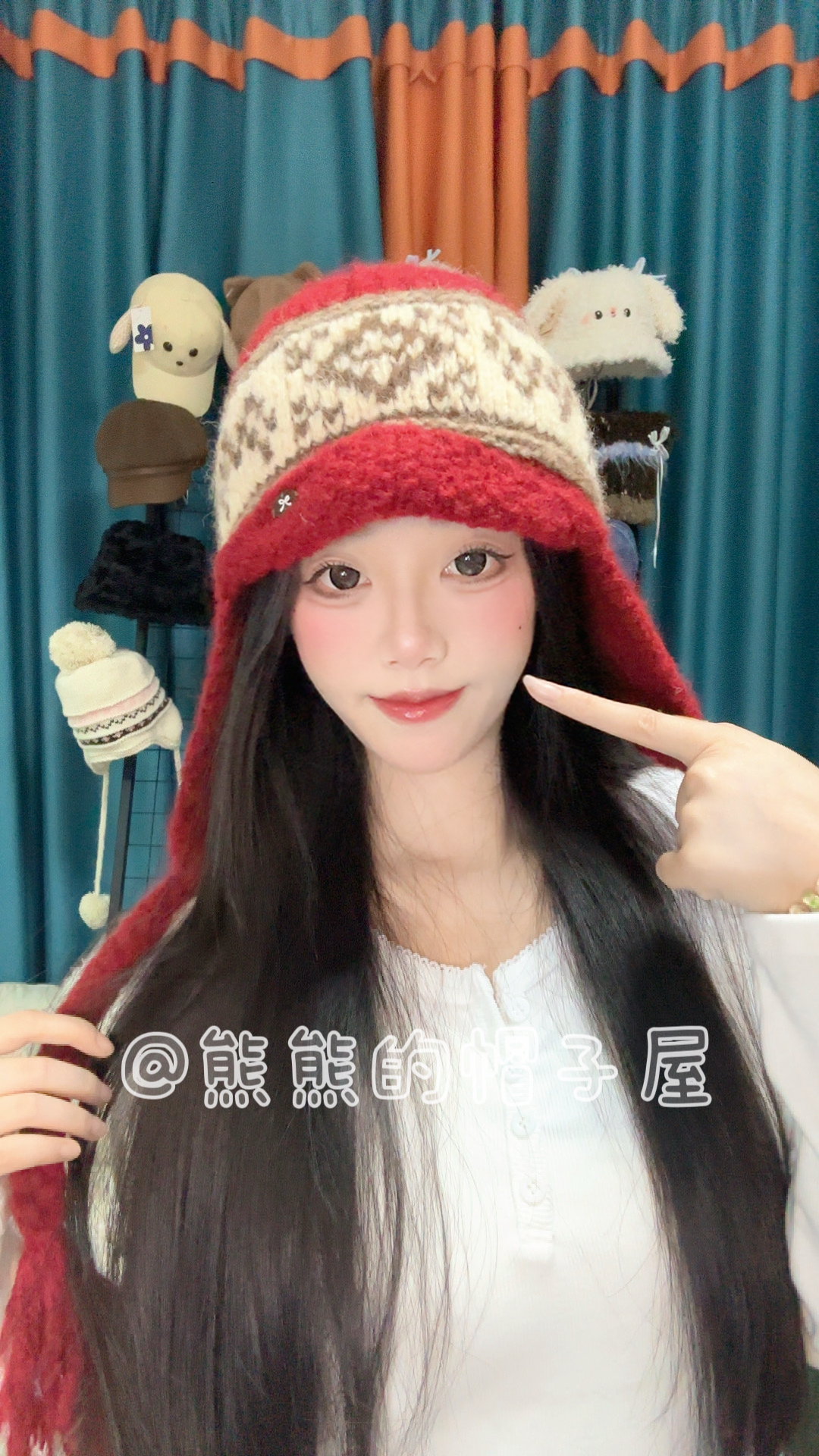 2025冬款女韩版费尔岛提花毛线帽红色针织雷锋帽秋冬保暖复古款