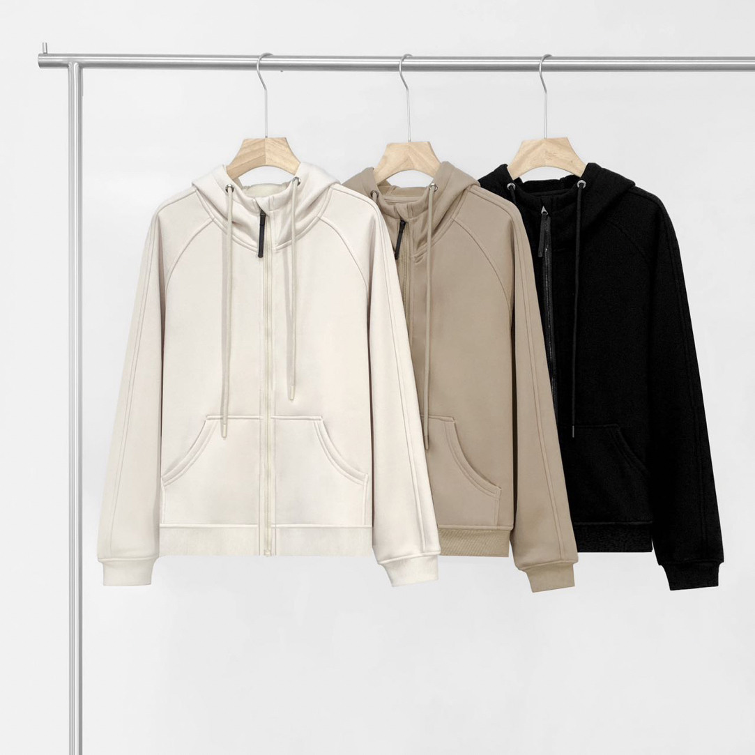 【抓绒外套】秋冬新款百搭休闲纯色拼接撞色加绒连帽卫衣外套