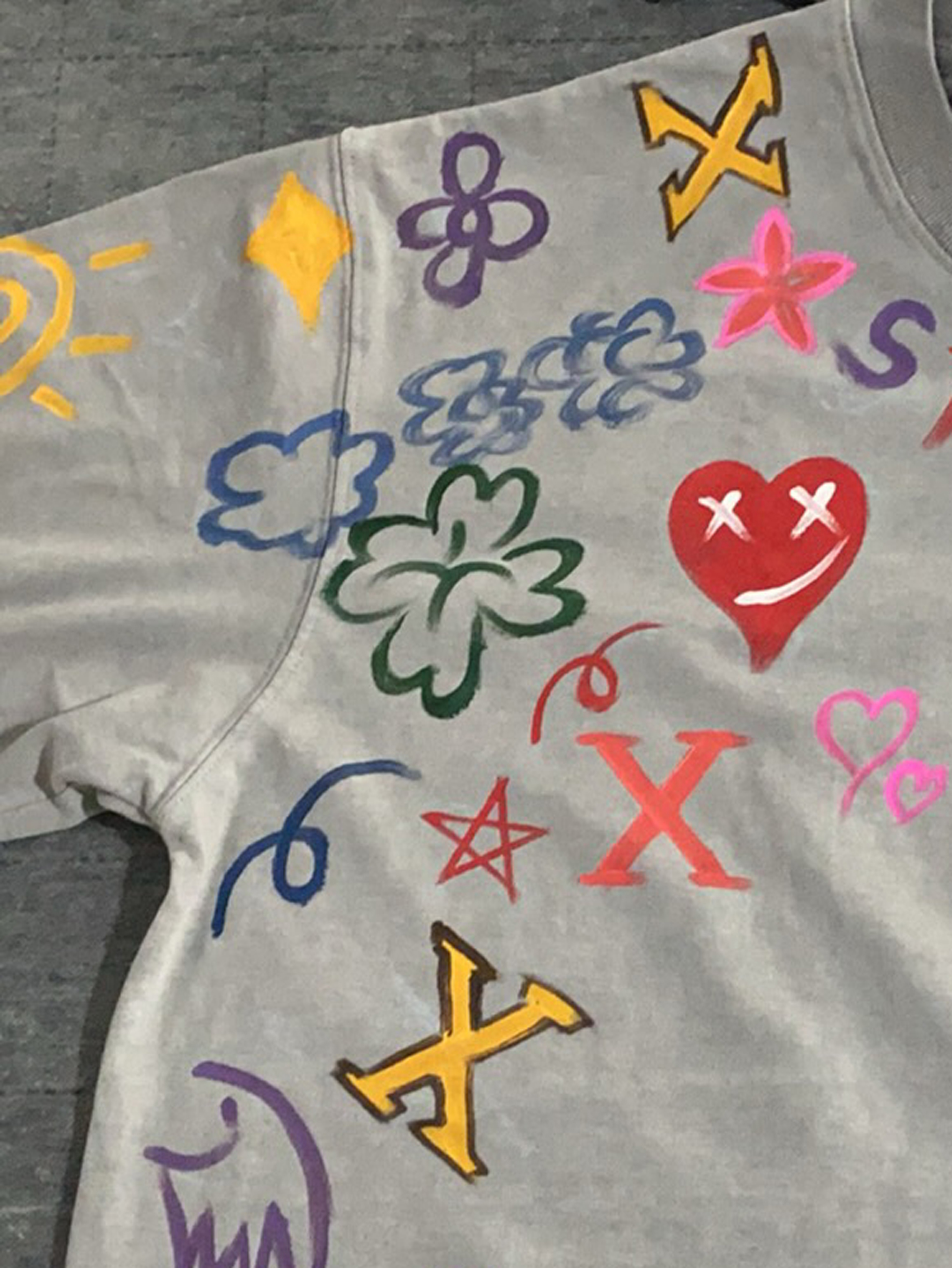 【驴家手绘彩色】脏染灰色磨破水洗重工重磅潮牌T恤