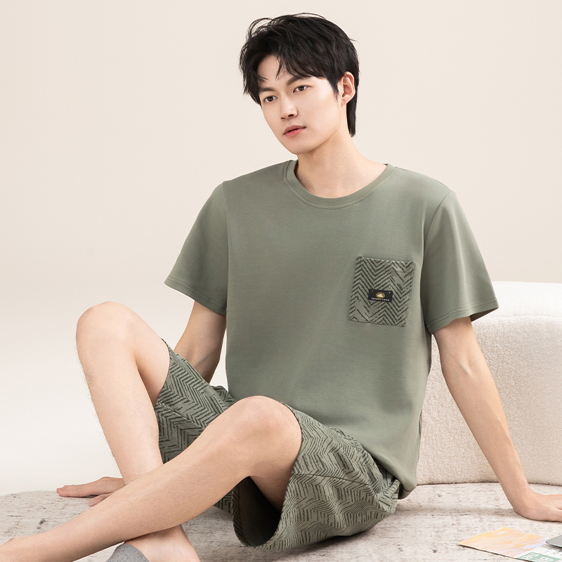 52112纯棉男士睡衣夏季短袖套装男士休闲家居服宽松纯棉男睡衣