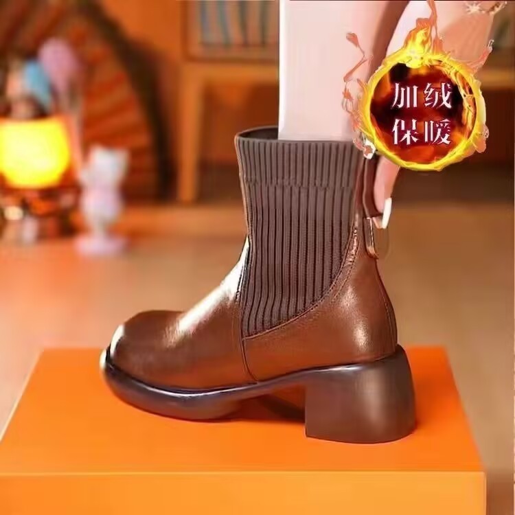 瘦瘦马丁靴女厚底复古弹力短靴女粗跟松糕底英伦风加绒休闲袜子靴