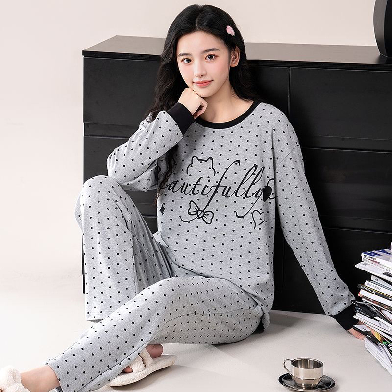 新款纯棉100%长袖长裤春秋款套头休闲宽松家居服睡衣女套装女舒适