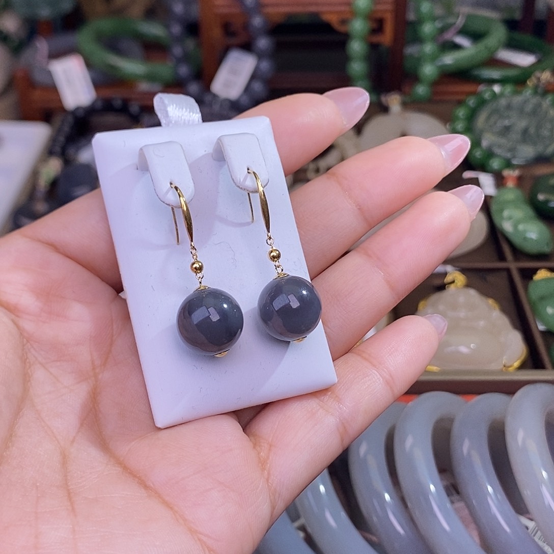 和田玉烟紫冰底老料金镶耳坠未镶嵌