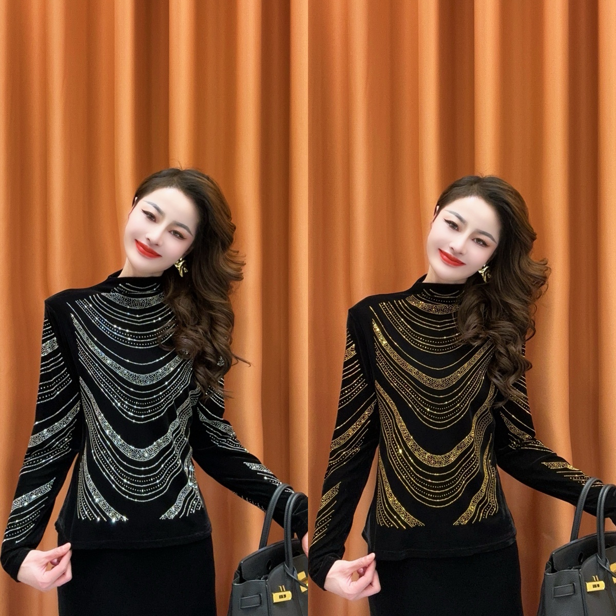 【衣香鬓影】2025秋冬新款设计感满天星烫钻时尚显瘦百搭丝绒上衣